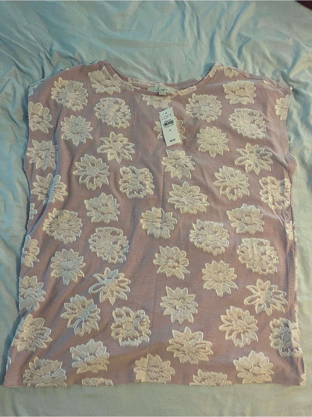 LOFT Lilac Floral Embroidered Short Sleeve Top
